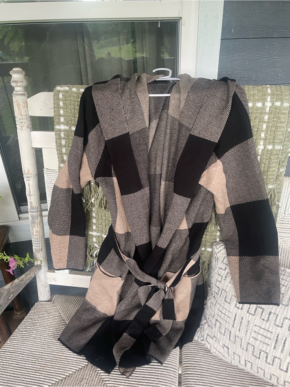 Rachel Zoe Black and Tan Plaid Hooded Cardigan Coat